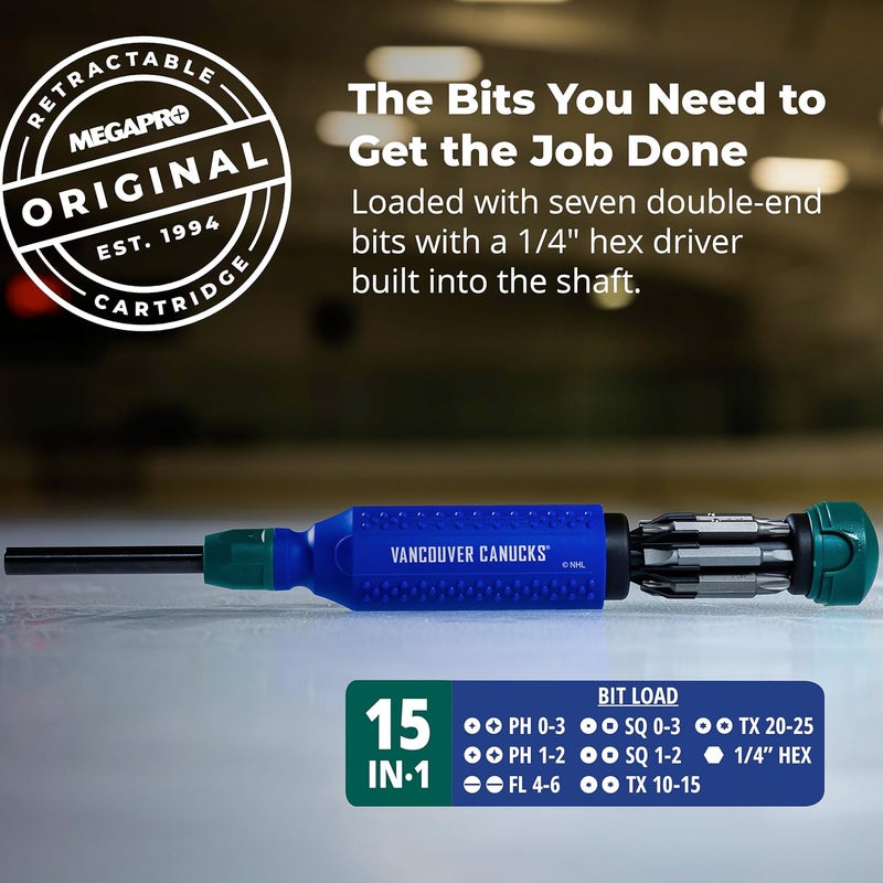 Megapro ® NHL® Team Edition Multi-bit Screwdriver | Officially Licensed NHL® Gear | Durable, Ergonomic, Pro-Grade Screwdriver (Vancouver Canucks®) - Image 3